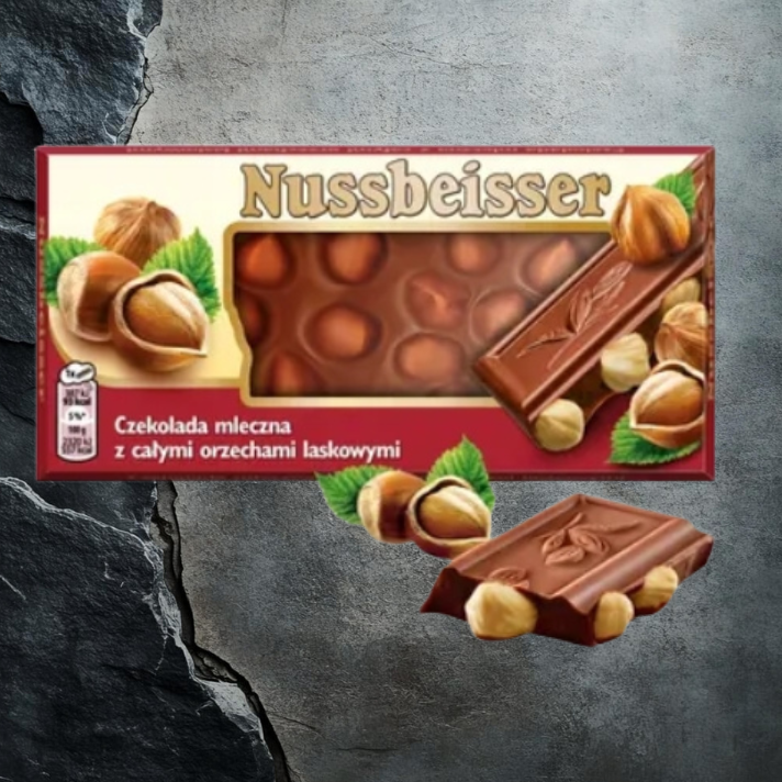 Nussbeisser Czekolada gorzka z całymi orzechami laskowymi i rodzynkami 100 g