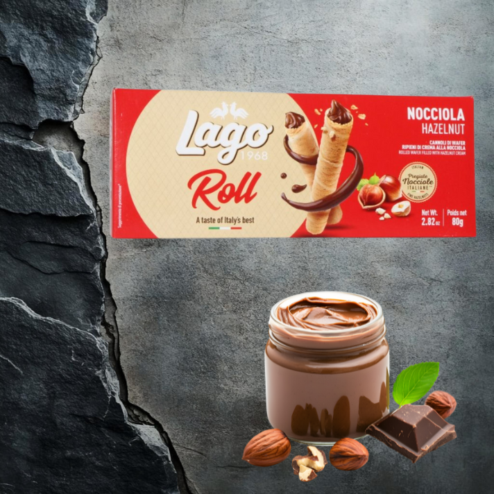 LAGO ROLL Włoskie Rurki z Kremem Orzechowym Ciastka 80g