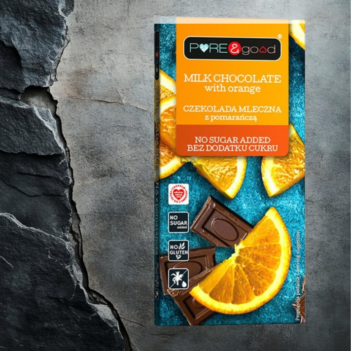 Czekolada mleczna z pomarańczą bez dodatku cukru 75g PURE&GOOD