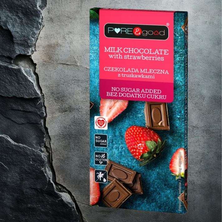 Czekolada mleczna z truskawkami bez dodatku cukru 75g PUR&GOOD