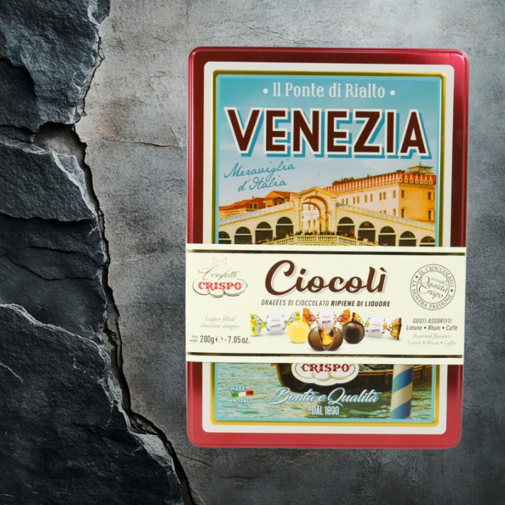 Crispo Ciocoli VENEZIA włoskie praliny różne smaki 200g w blaszanym pudełku
