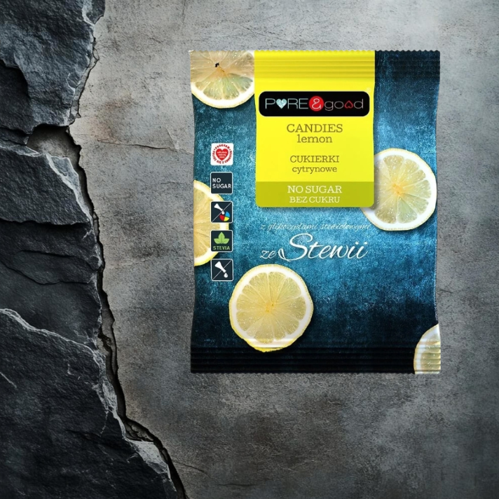 Cukierki landrynki cytrynowe bez cukru 50g PURE&GOOD