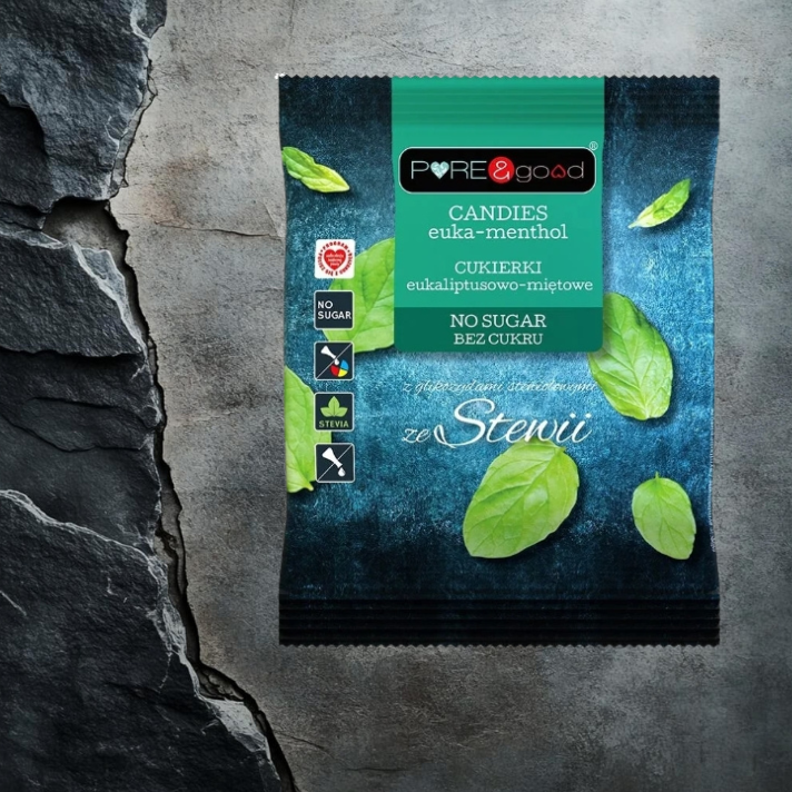 Cukierki landrynki eukaliptusowo-miętowe bez cukru 50g PURE&GOOD