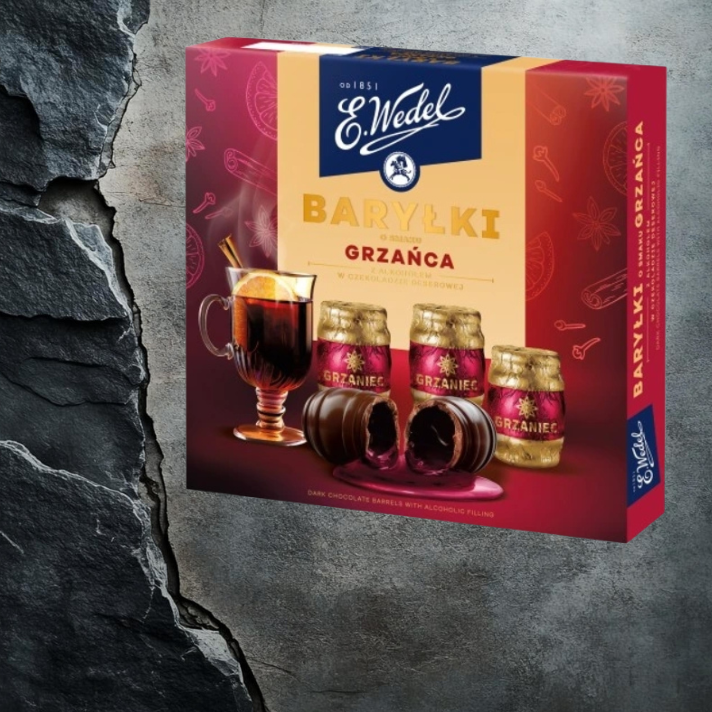 Baryłki o smaku grzańca z alkoholem w czekoladzie deserowej 200 g E. Wedel