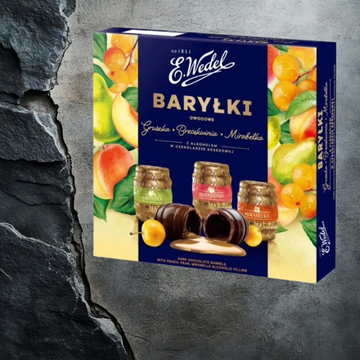 Baryłki Owocowez alkoholem  Gruszka, Brzoskwinia, Mirabelka 200g E.Wedel