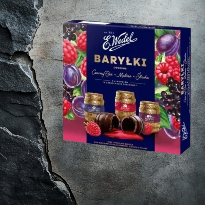 Baryłki owocowe z alkoholem Malina Śliwka Czarny Bez 200g E.Wedel