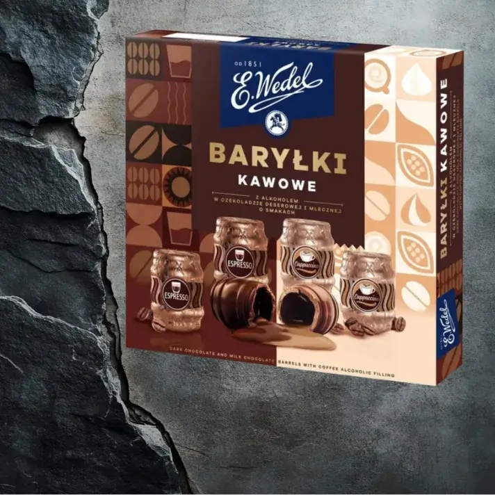 Baryłki kawowe z alkoholem w czekoladzie deserowej i mlecznej 200 g E.Wedel